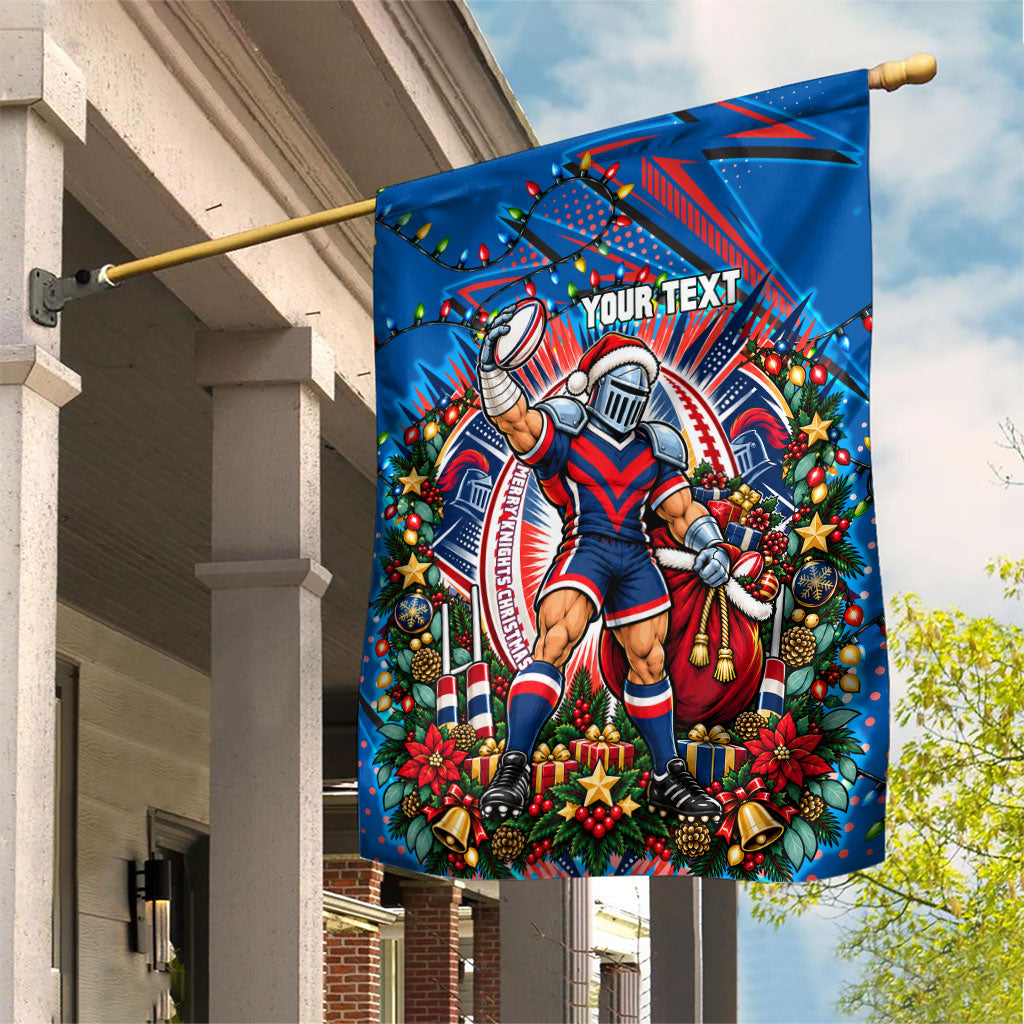 Personalized Newcastle Knights Rugby Christmas Garden Flag Holiday Mascot Graphic Art Festive Lights Bow