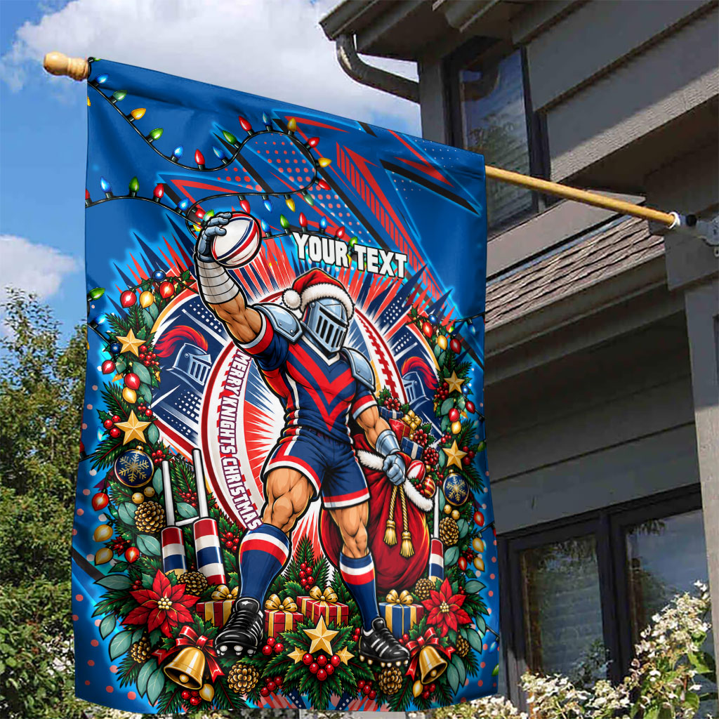 Personalized Newcastle Knights Rugby Christmas Garden Flag Holiday Mascot Graphic Art Festive Lights Bow