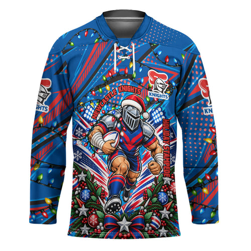 Personalized Newcastle Knights Rugby Christmas Hockey Jersey Holiday Mascot Graphic Art Festive Lights Bow