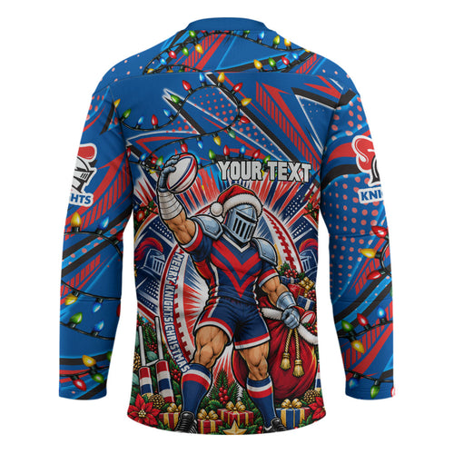 Personalized Newcastle Knights Rugby Christmas Hockey Jersey Holiday Mascot Graphic Art Festive Lights Bow