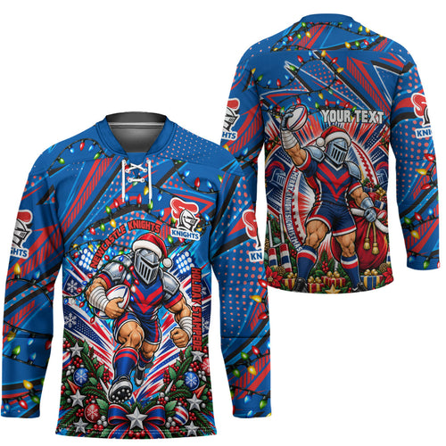 Personalized Newcastle Knights Rugby Christmas Hockey Jersey Holiday Mascot Graphic Art Festive Lights Bow