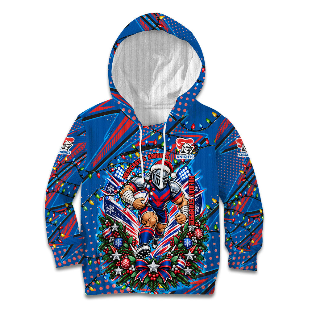 Personalized Newcastle Knights Rugby Christmas Kid Hoodie Holiday Mascot Graphic Art Festive Lights Bow