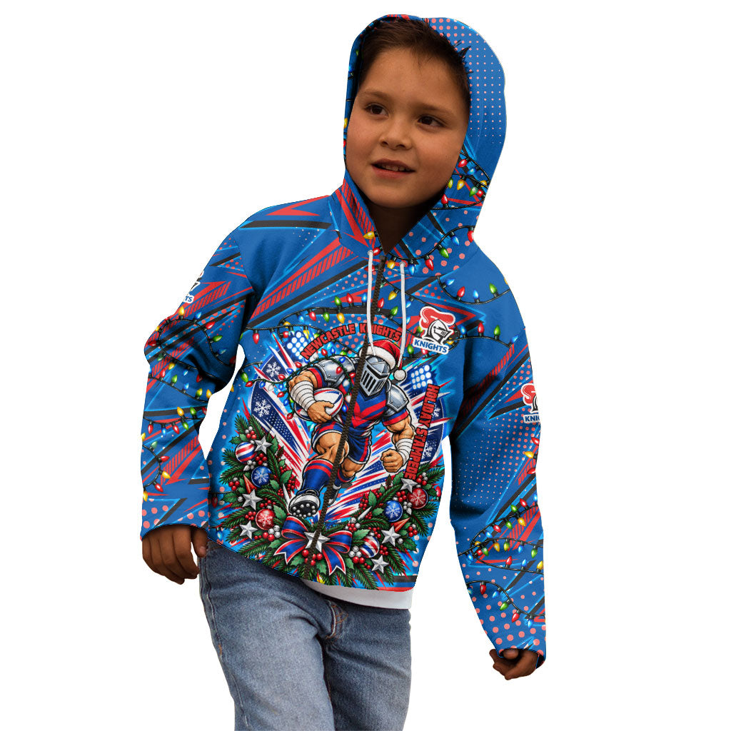 Personalized Newcastle Knights Rugby Christmas Kid Hoodie Holiday Mascot Graphic Art Festive Lights Bow