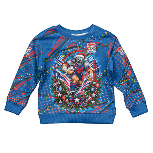 Personalized Newcastle Knights Rugby Christmas Kid Ugly Christmas Sweater Holiday Mascot Graphic Art Festive Lights Bow