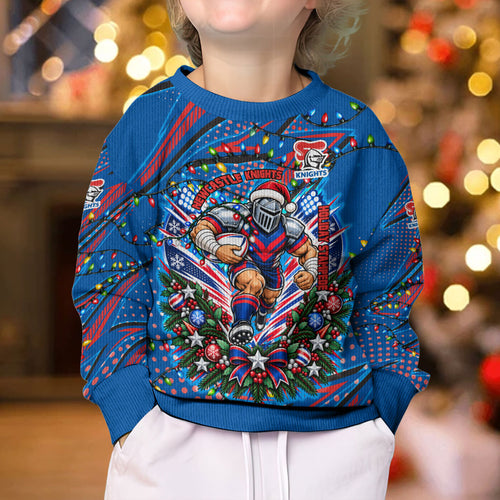 Personalized Newcastle Knights Rugby Christmas Kid Ugly Christmas Sweater Holiday Mascot Graphic Art Festive Lights Bow