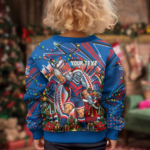 Personalized Newcastle Knights Rugby Christmas Kid Ugly Christmas Sweater Holiday Mascot Graphic Art Festive Lights Bow
