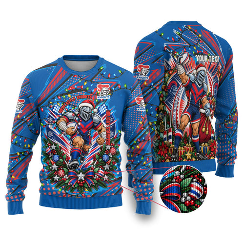 Personalized Newcastle Knights Rugby Christmas Ugly Christmas Sweater Holiday Mascot Graphic Art Festive Lights Bow