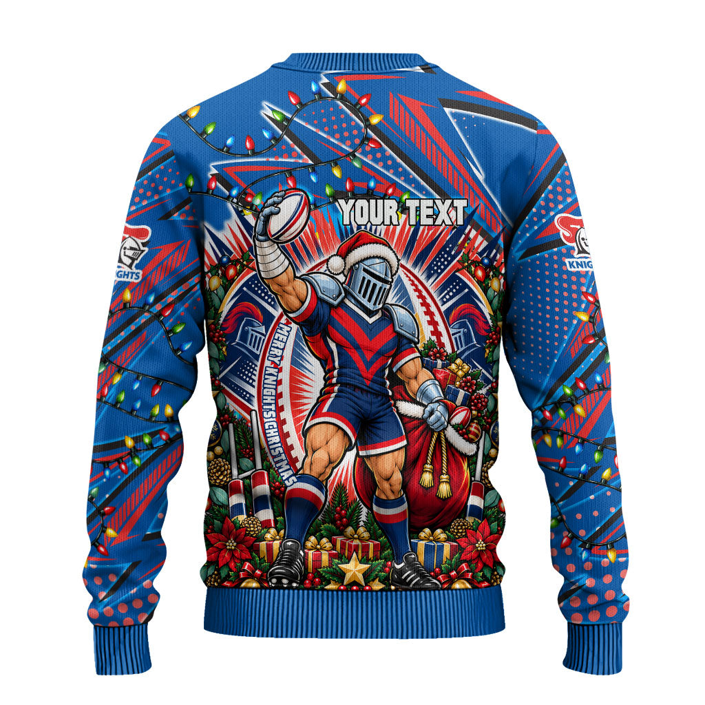 Personalized Newcastle Knights Rugby Christmas Ugly Christmas Sweater Holiday Mascot Graphic Art Festive Lights Bow