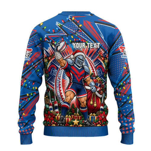 Personalized Newcastle Knights Rugby Christmas Ugly Christmas Sweater Holiday Mascot Graphic Art Festive Lights Bow