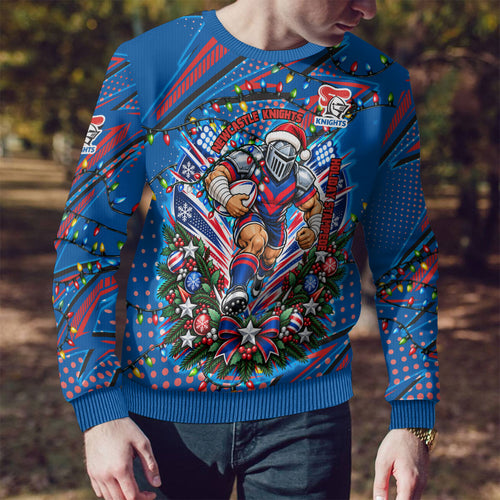 Personalized Newcastle Knights Rugby Christmas Ugly Christmas Sweater Holiday Mascot Graphic Art Festive Lights Bow