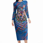 Personalized Newcastle Knights Rugby Christmas Long Sleeve Bodycon Dress Holiday Mascot Graphic Art Festive Lights Bow