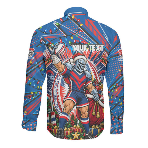 Personalized Newcastle Knights Rugby Christmas Long Sleeve Button Shirt Holiday Mascot Graphic Art Festive Lights Bow