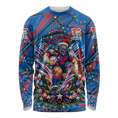 Personalized Newcastle Knights Rugby Christmas Long Sleeve Shirt Holiday Mascot Graphic Art Festive Lights Bow