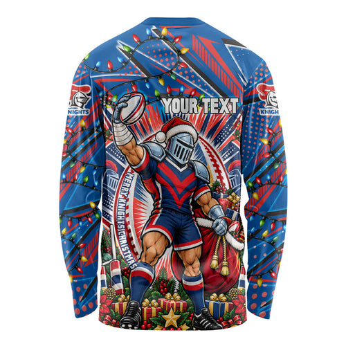 Personalized Newcastle Knights Rugby Christmas Long Sleeve Shirt Holiday Mascot Graphic Art Festive Lights Bow