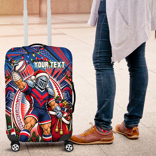 Personalized Newcastle Knights Rugby Christmas Luggage Cover Holiday Mascot Graphic Art Festive Lights Bow