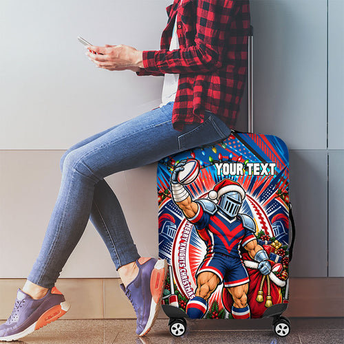 Personalized Newcastle Knights Rugby Christmas Luggage Cover Holiday Mascot Graphic Art Festive Lights Bow