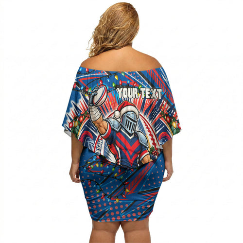 Personalized Newcastle Knights Rugby Christmas Off Shoulder Short Dress Holiday Mascot Graphic Art Festive Lights Bow