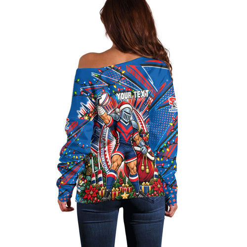 Personalized Newcastle Knights Rugby Christmas Off Shoulder Sweater Holiday Mascot Graphic Art Festive Lights Bow