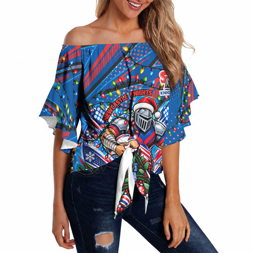 Personalized Newcastle Knights Rugby Christmas Off Shoulder Wrap Waist Top Holiday Mascot Graphic Art Festive Lights Bow