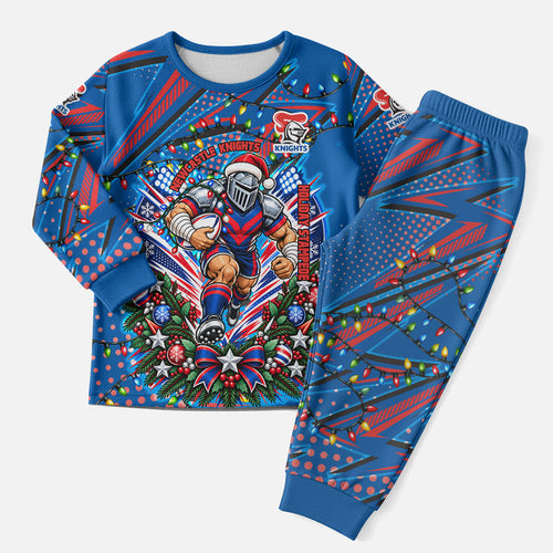 Personalized Newcastle Knights Rugby Christmas Pajama Set Holiday Mascot Graphic Art Festive Lights Bow