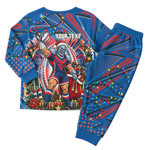 Personalized Newcastle Knights Rugby Christmas Pajama Set Holiday Mascot Graphic Art Festive Lights Bow