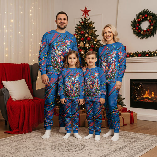 Personalized Newcastle Knights Rugby Christmas Pajama Set Holiday Mascot Graphic Art Festive Lights Bow