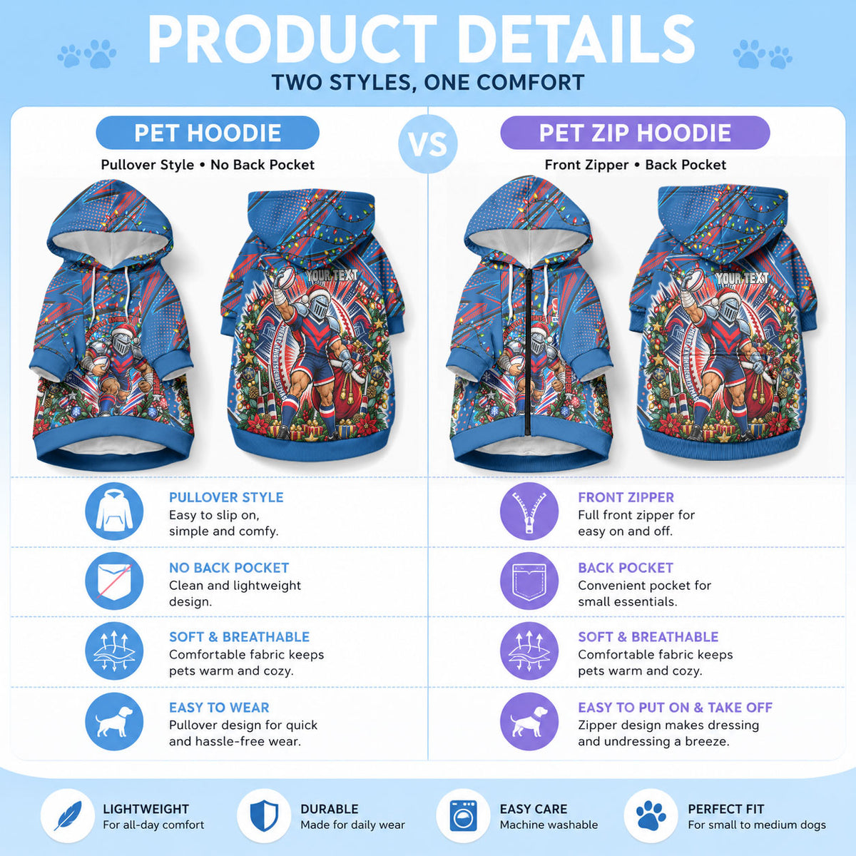 Personalized Newcastle Knights Rugby Christmas Pet Hoodie Holiday Mascot Graphic Art Festive Lights Bow