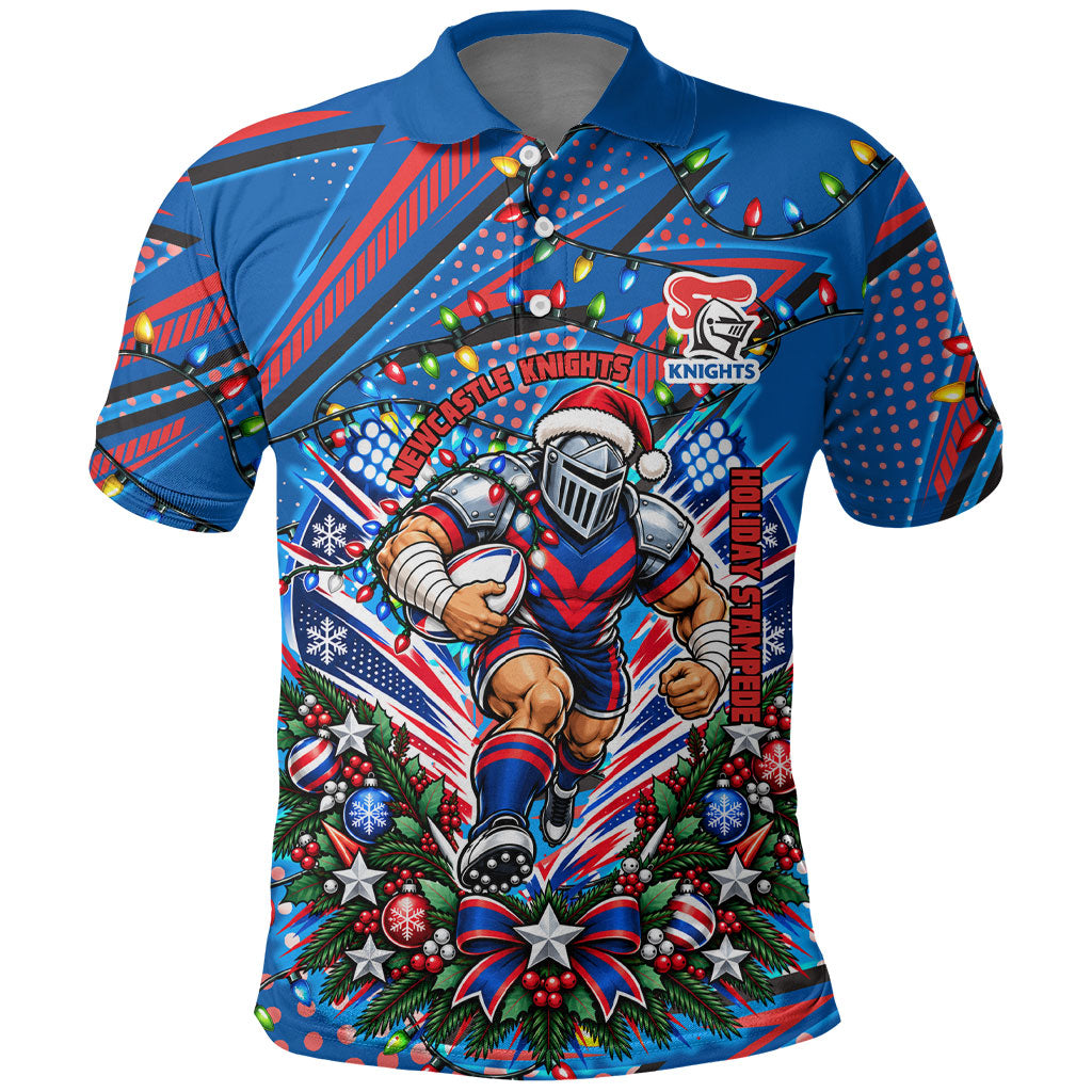 Personalized Newcastle Knights Rugby Christmas Polo Shirt Holiday Mascot Graphic Art Festive Lights Bow
