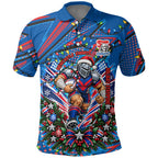 Personalized Newcastle Knights Rugby Christmas Polo Shirt Holiday Mascot Graphic Art Festive Lights Bow