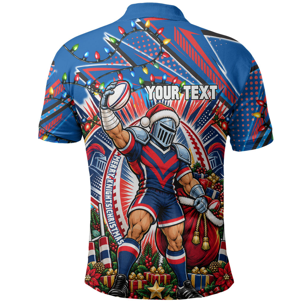 Personalized Newcastle Knights Rugby Christmas Polo Shirt Holiday Mascot Graphic Art Festive Lights Bow