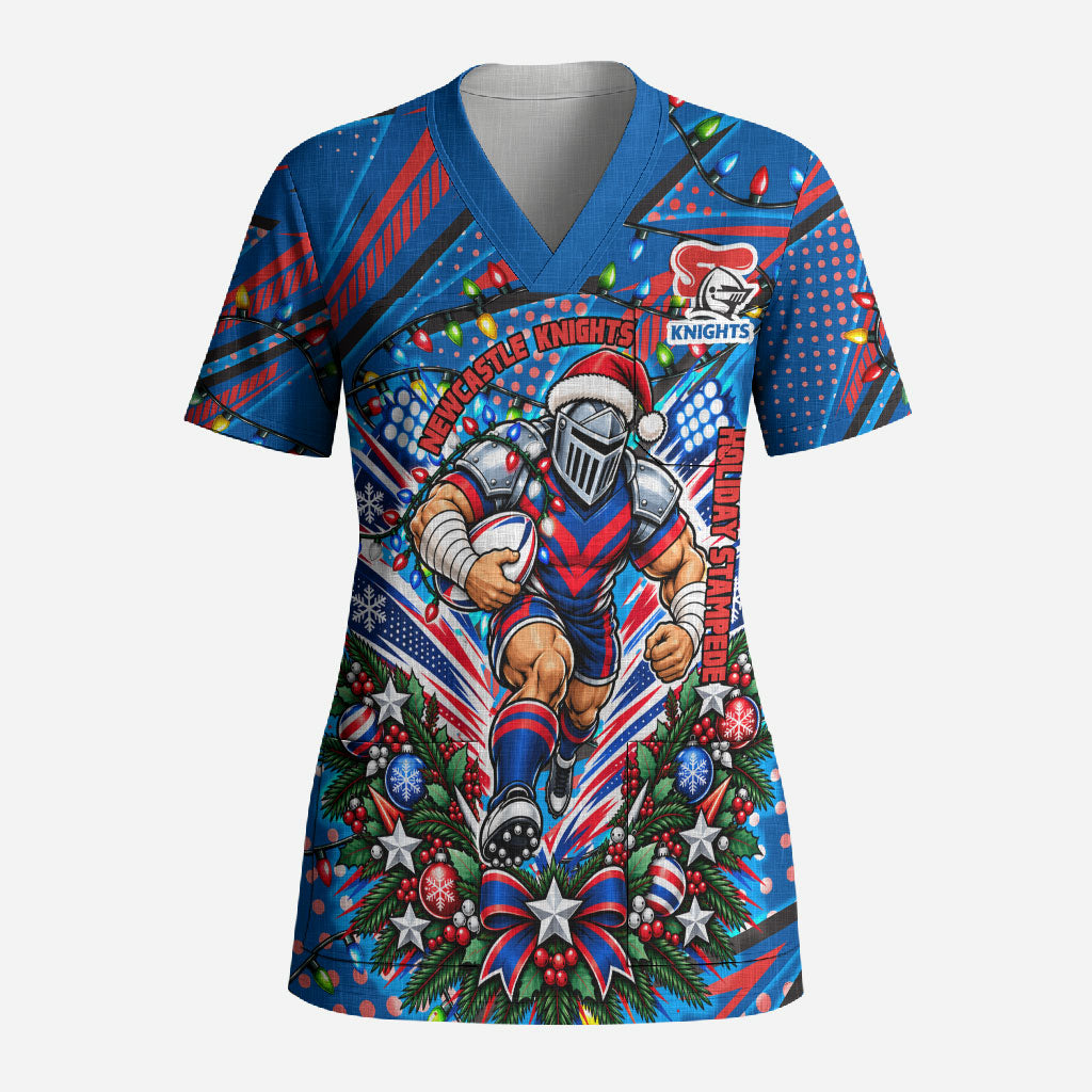 Personalized Newcastle Knights Rugby Christmas Scrub Top Holiday Mascot Graphic Art Festive Lights Bow
