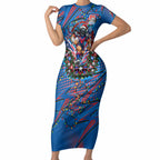 Personalized Newcastle Knights Rugby Christmas Short Sleeve Bodycon Dress Holiday Mascot Graphic Art Festive Lights Bow
