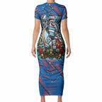 Personalized Newcastle Knights Rugby Christmas Short Sleeve Bodycon Dress Holiday Mascot Graphic Art Festive Lights Bow