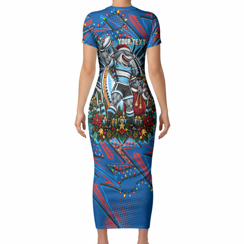 Personalized Newcastle Knights Rugby Christmas Short Sleeve Bodycon Dress Holiday Mascot Graphic Art Festive Lights Bow