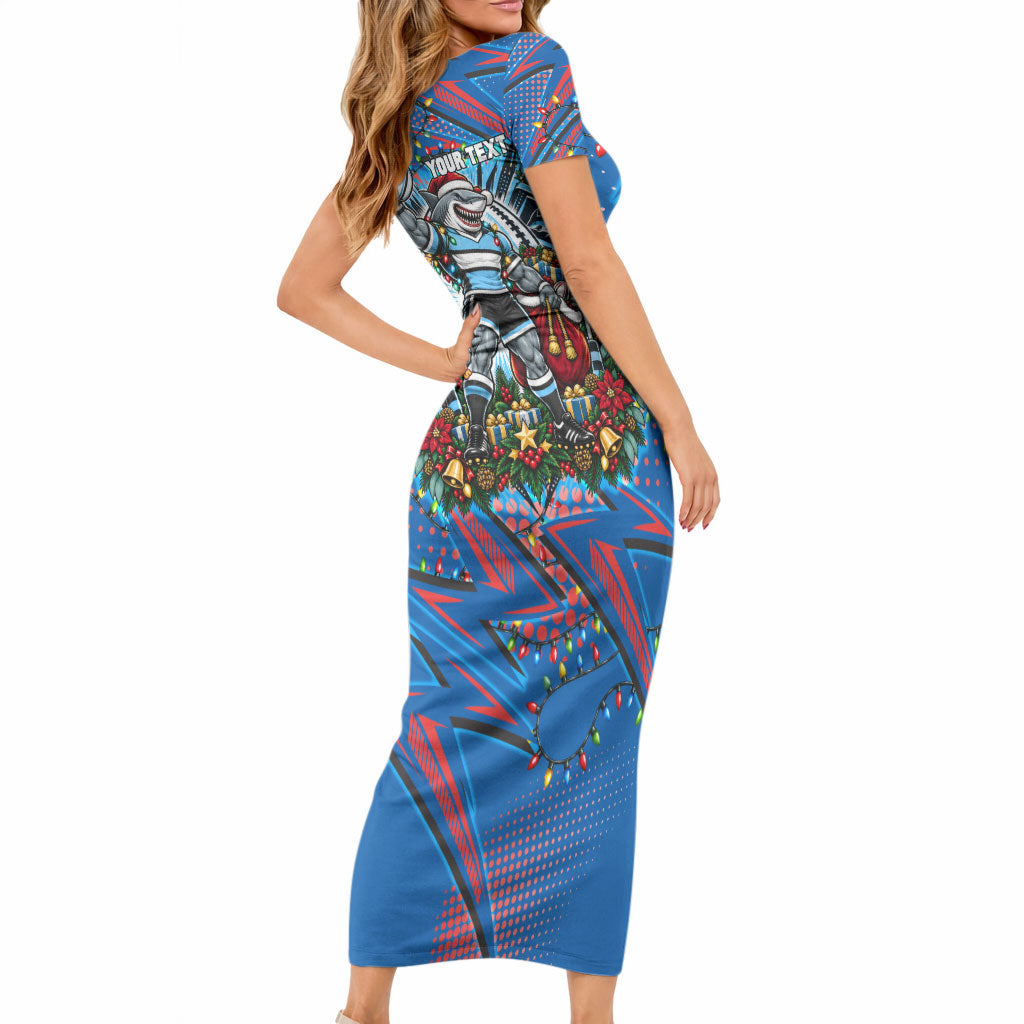 Personalized Newcastle Knights Rugby Christmas Short Sleeve Bodycon Dress Holiday Mascot Graphic Art Festive Lights Bow