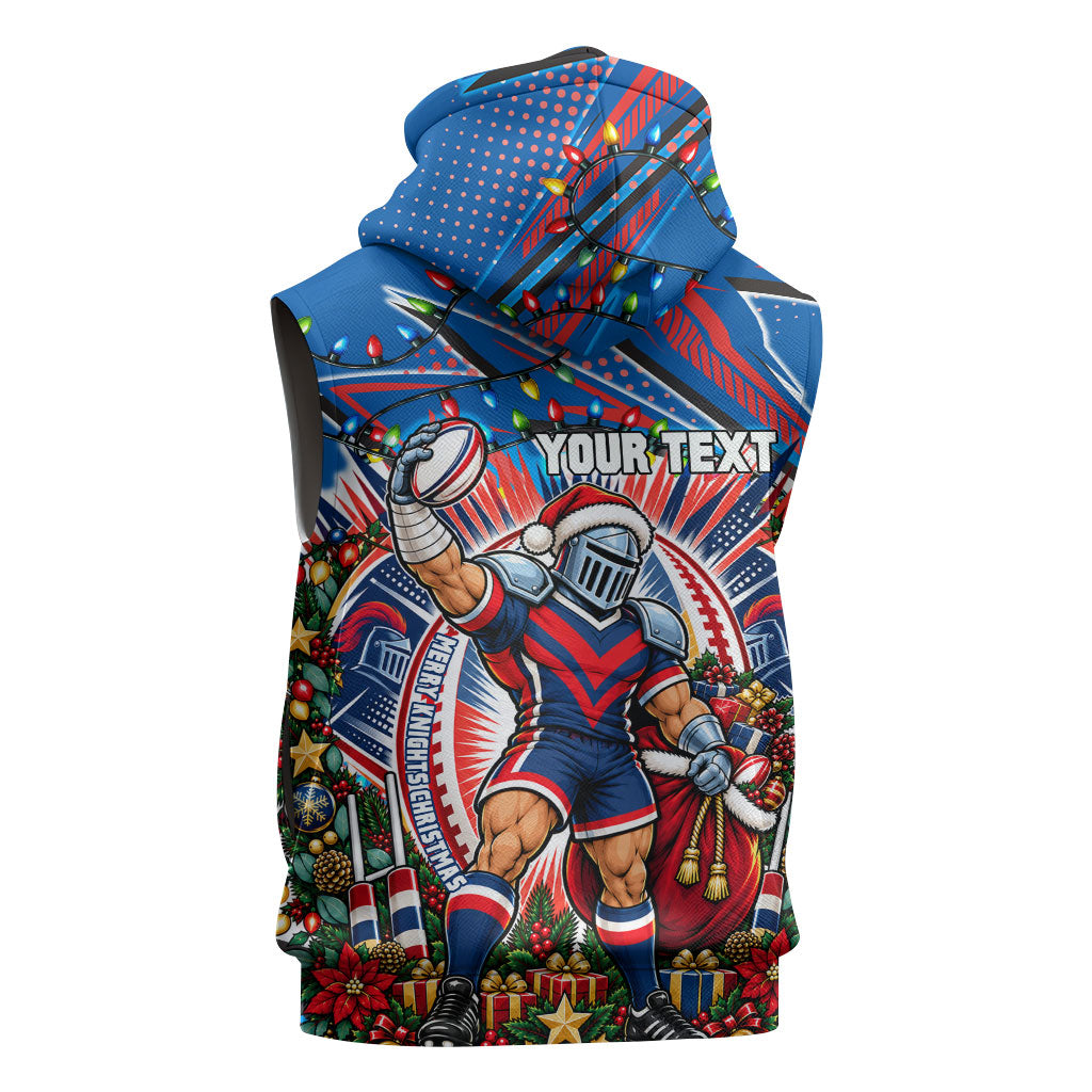 Personalized Newcastle Knights Rugby Christmas Sleeveless Zip Hoodie Holiday Mascot Graphic Art Festive Lights Bow