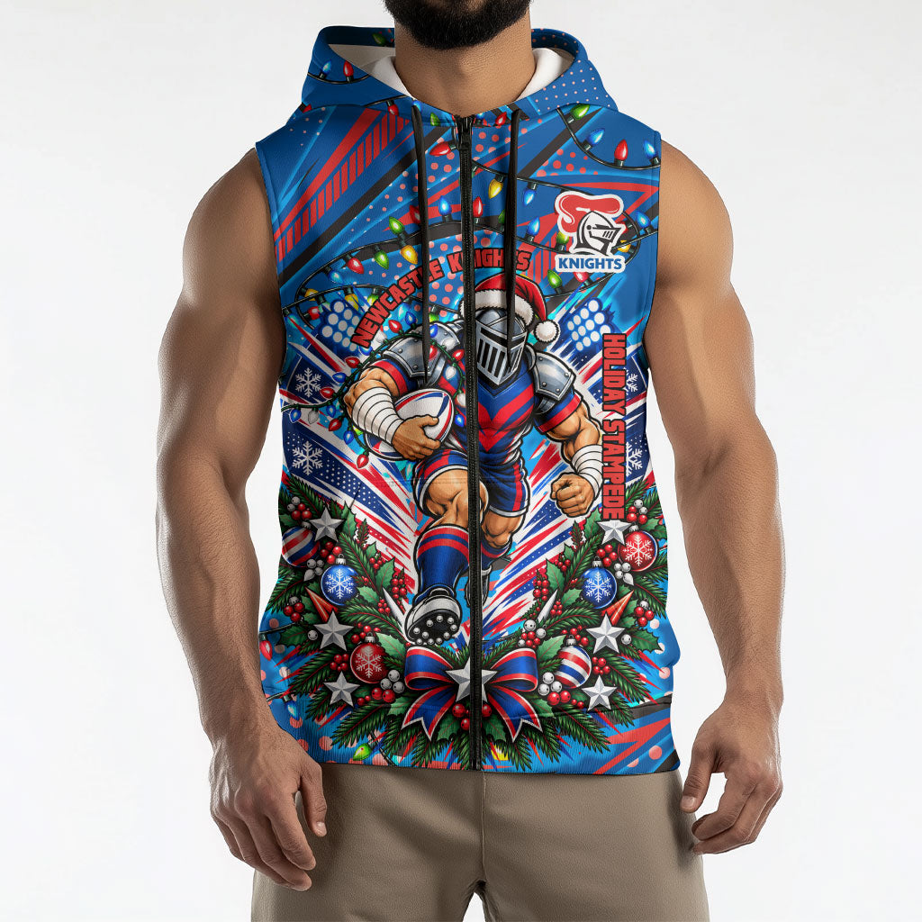 Personalized Newcastle Knights Rugby Christmas Sleeveless Zip Hoodie Holiday Mascot Graphic Art Festive Lights Bow