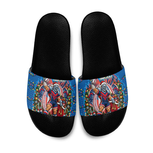 Personalized Newcastle Knights Rugby Christmas Slide Sandals Holiday Mascot Graphic Art Festive Lights Bow