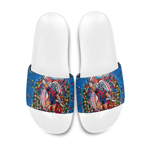 Personalized Newcastle Knights Rugby Christmas Slide Sandals Holiday Mascot Graphic Art Festive Lights Bow