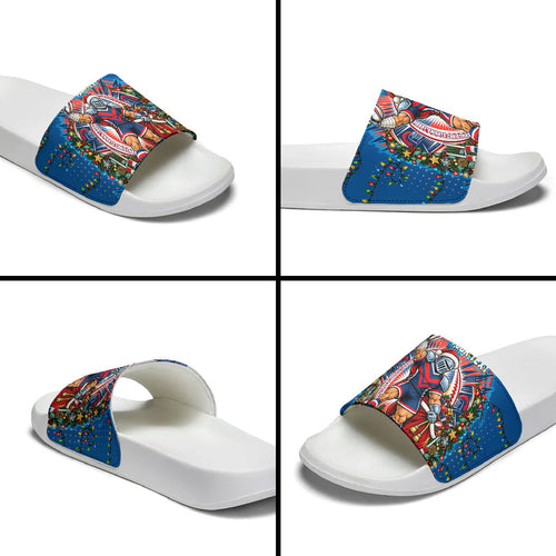 Personalized Newcastle Knights Rugby Christmas Slide Sandals Holiday Mascot Graphic Art Festive Lights Bow