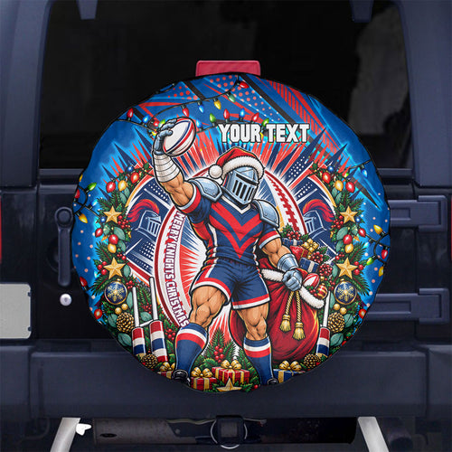 Personalized Newcastle Knights Rugby Christmas Spare Tire Cover Holiday Mascot Graphic Art Festive Lights Bow
