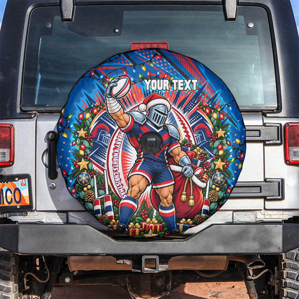 Personalized Newcastle Knights Rugby Christmas Spare Tire Cover Holiday Mascot Graphic Art Festive Lights Bow
