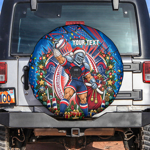 Personalized Newcastle Knights Rugby Christmas Spare Tire Cover Holiday Mascot Graphic Art Festive Lights Bow