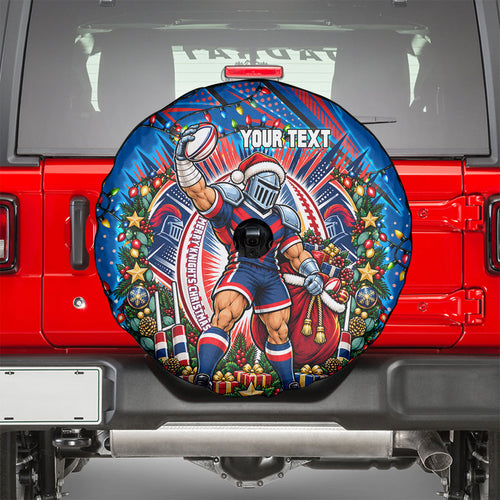 Personalized Newcastle Knights Rugby Christmas Spare Tire Cover Holiday Mascot Graphic Art Festive Lights Bow