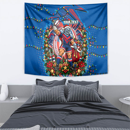 Personalized Newcastle Knights Rugby Christmas Tapestry Holiday Mascot Graphic Art Festive Lights Bow