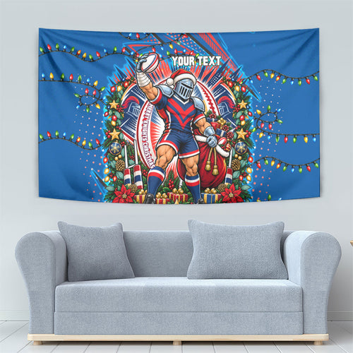 Personalized Newcastle Knights Rugby Christmas Tapestry Holiday Mascot Graphic Art Festive Lights Bow