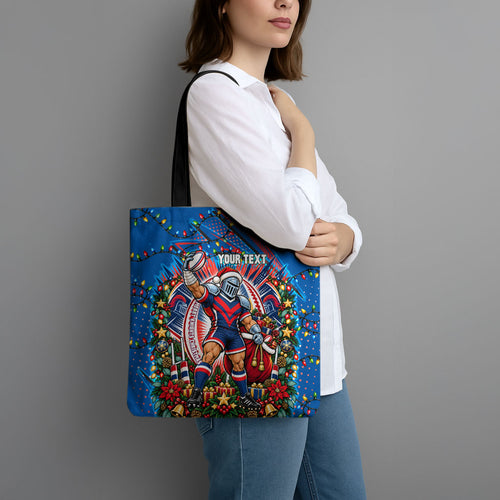 Personalized Newcastle Knights Rugby Christmas Tote Bag Holiday Mascot Graphic Art Festive Lights Bow