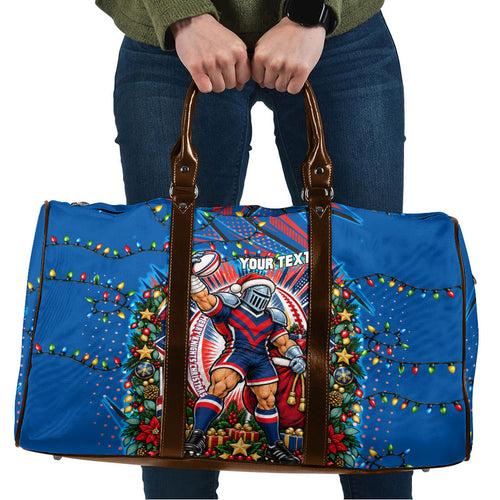 Personalized Newcastle Knights Rugby Christmas Travel Bag Holiday Mascot Graphic Art Festive Lights Bow