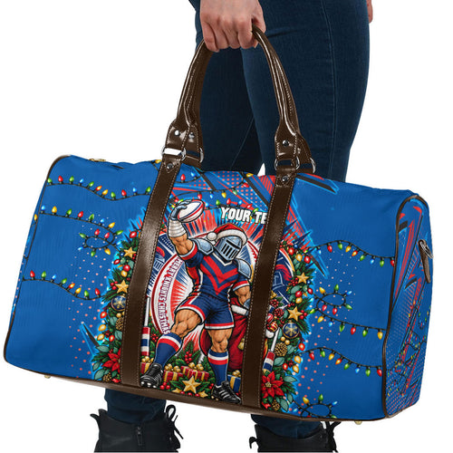 Personalized Newcastle Knights Rugby Christmas Travel Bag Holiday Mascot Graphic Art Festive Lights Bow