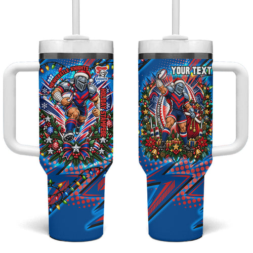 Personalized Newcastle Knights Rugby Christmas Tumbler With Handle Holiday Mascot Graphic Art Festive Lights Bow